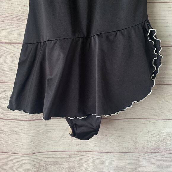 Vintage Black One Piece Skirted Swimsuit or Swimdress White Trim Built-in Cups - Picture 3 of 16